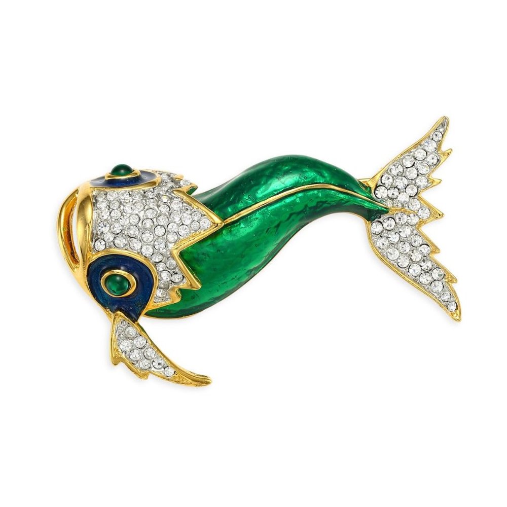 KENNETH JAY LANE , GREEN ENAMEL KOI PIN, WITH PAVE CRYSTALS ACCENTS